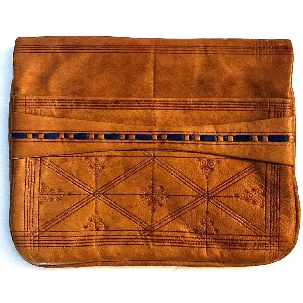 Handmade Morrocan Leather Mini Clutch Coin Purse Fold Over Tassel Toggle Closing
